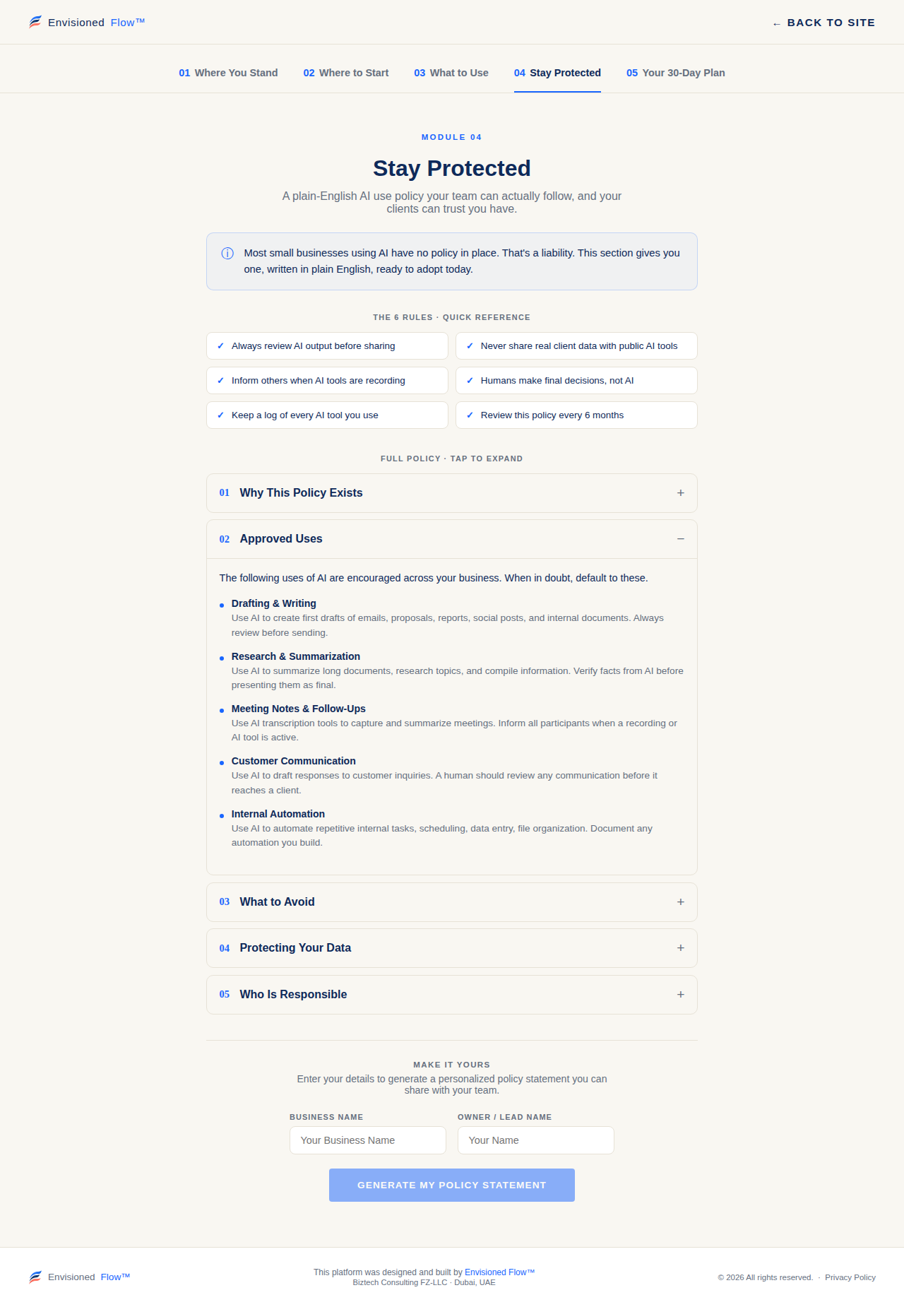 Module 4: Stay Protected, the AI use policy and generator