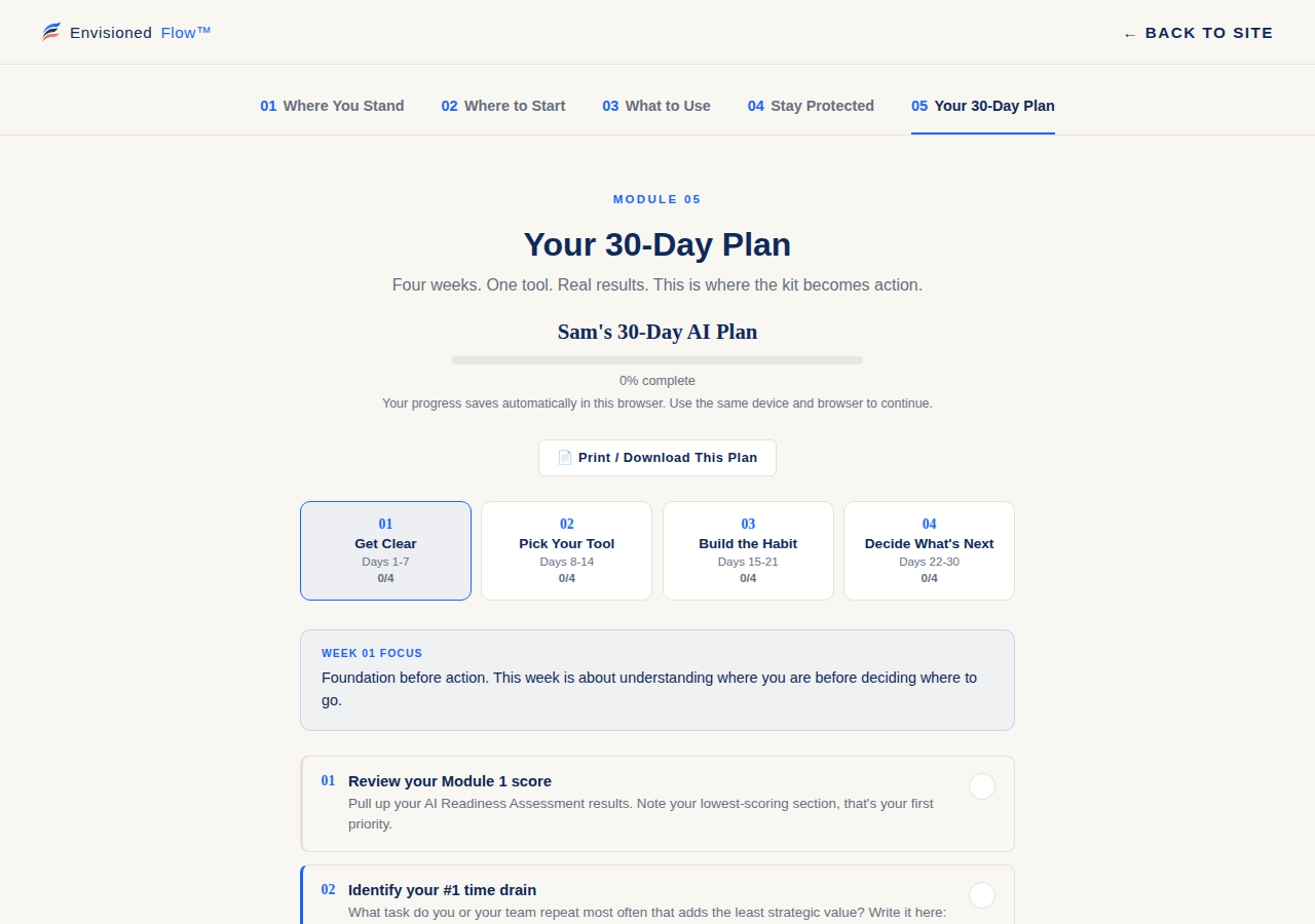 Module 5: Your 30-Day Plan, the personalized progress tracker